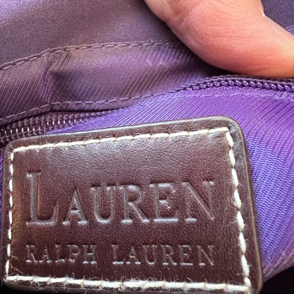 Lauren Ralph Lauren purple nylon small tote with brown handles. Front snap close - Picture 5 of 9